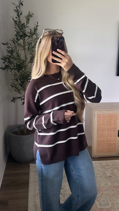 Julia Crewneck Striped Sweater / Dark Brown
