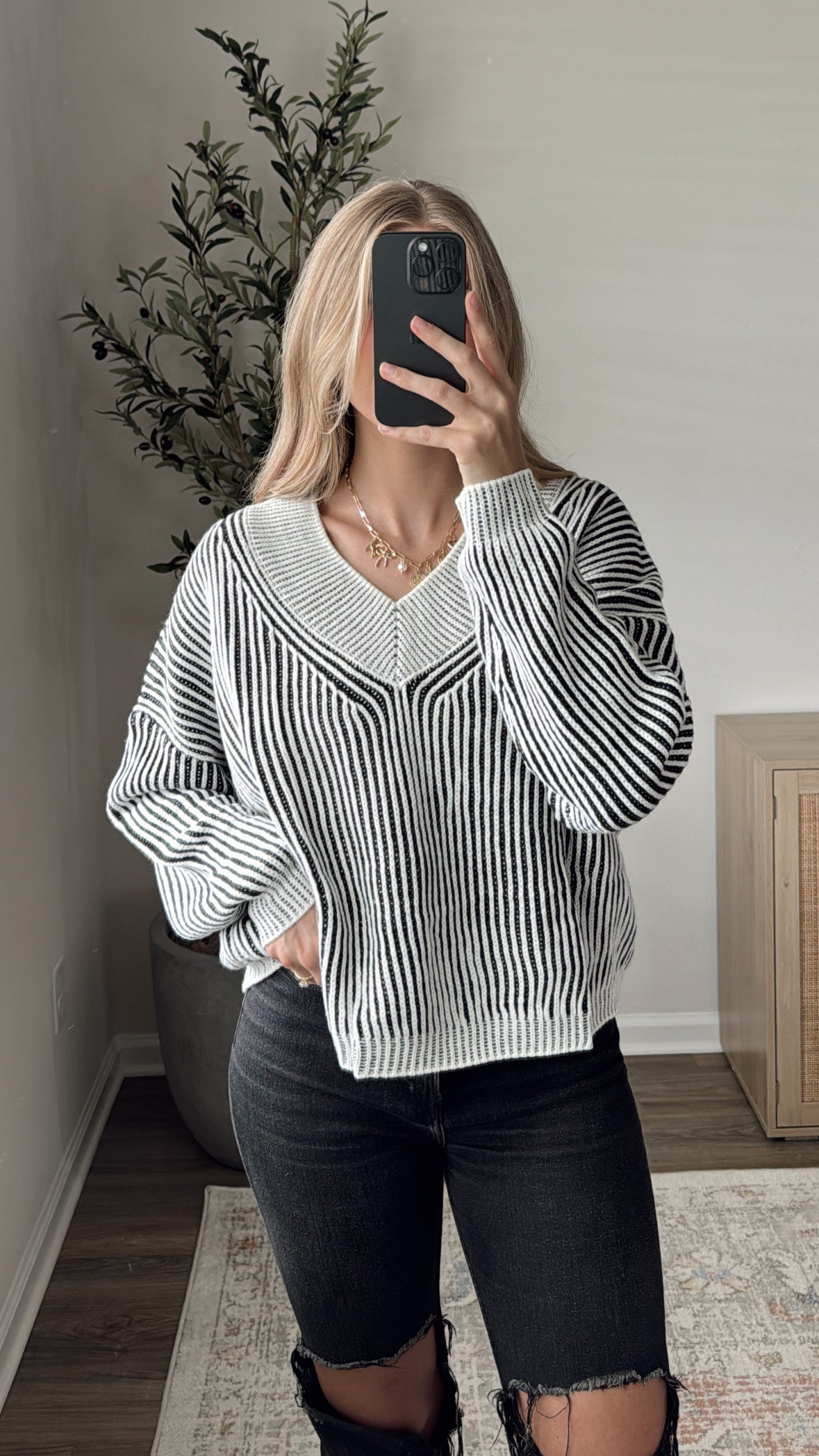 V-Neck Ribbed Sweater / Black