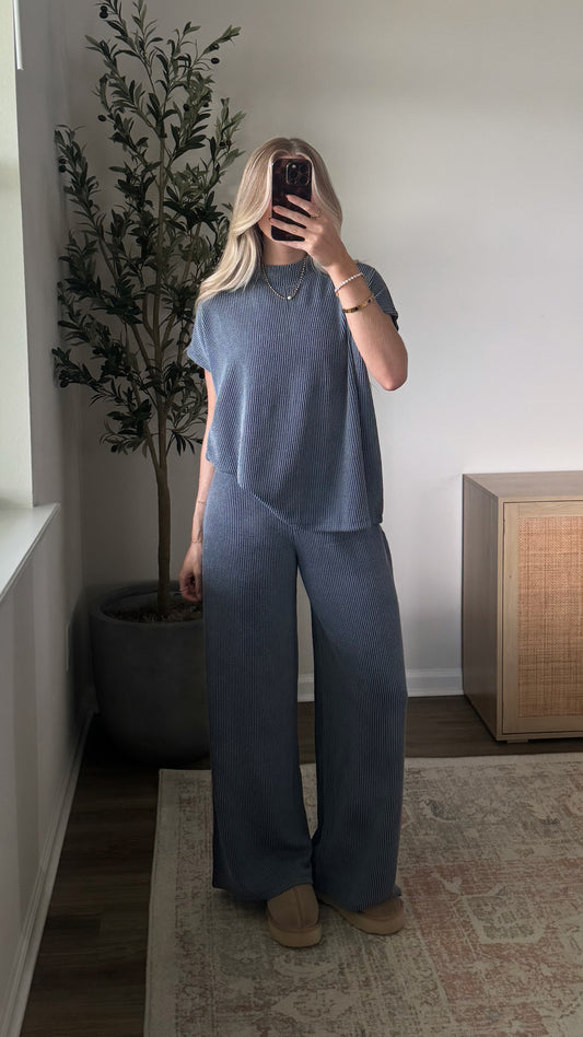 Ribbed Pants Set / Dusty Blue