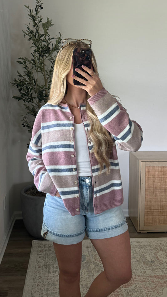 PREORDER (7/6) - Bella Striped Cardigan / Mauve