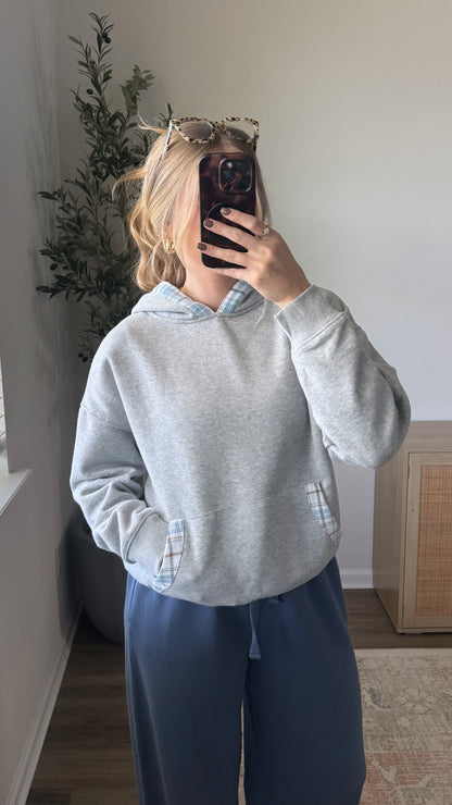 Plaid Trim Hoodie / Grey + Blue
