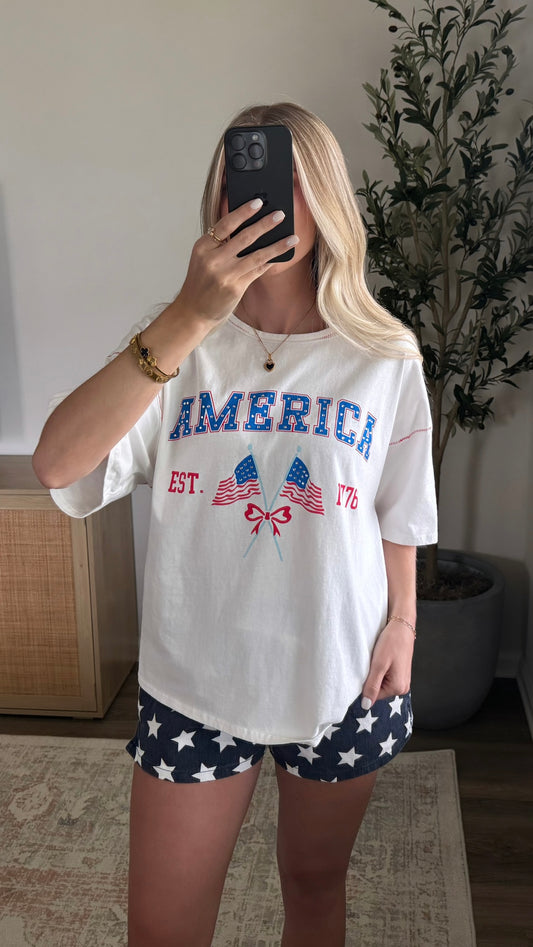 America Rhinestone Tee / White