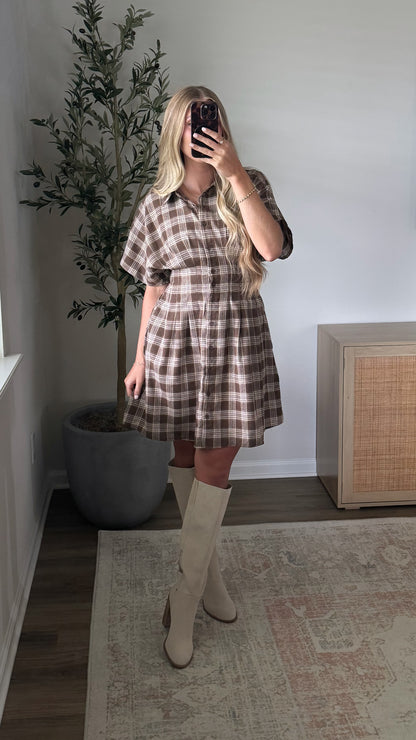 Plaid Pleated Dress / Brown
