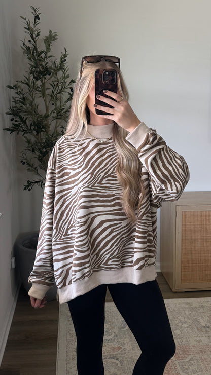 Zebra Mock Neck Sweatshirt / Tan