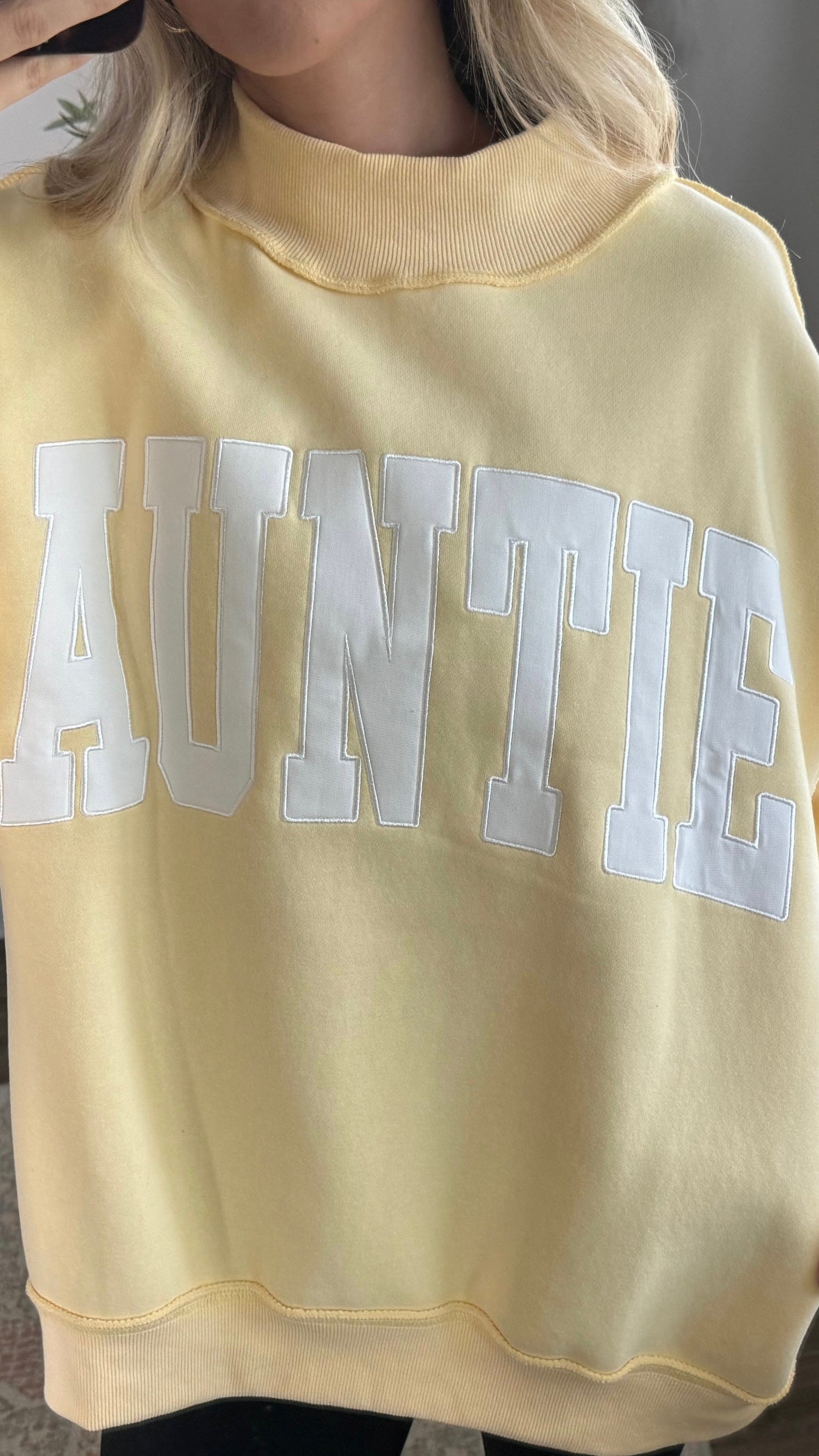 Auntie Embroidered Mock Neck Sweatshirt / Yellow