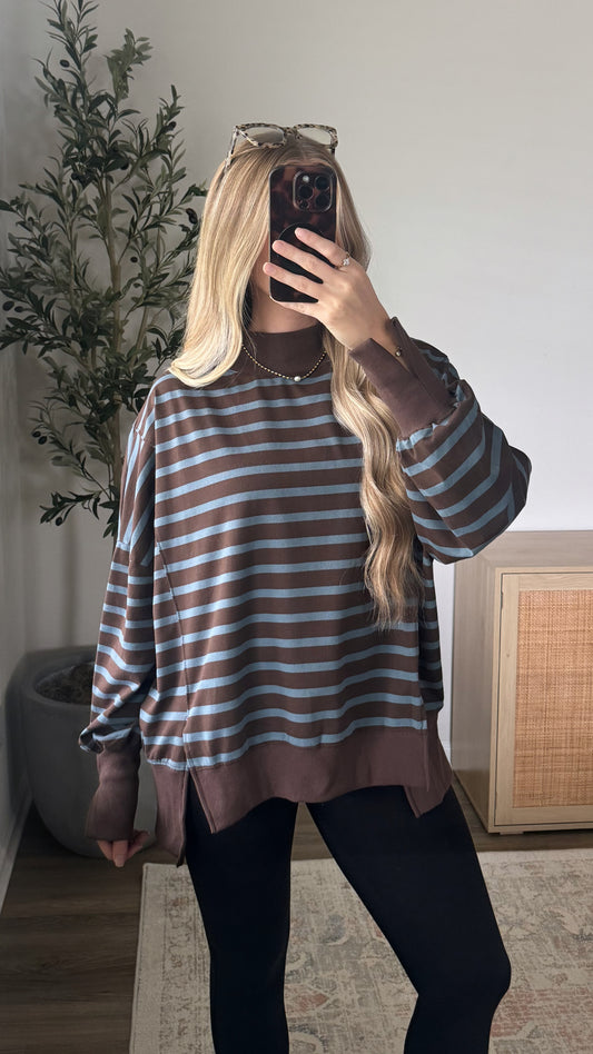 Orchard Striped Mock Neck / Brown + Blue