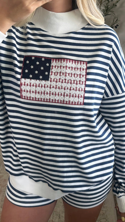 Flag Striped Mock Neck Set / Blue