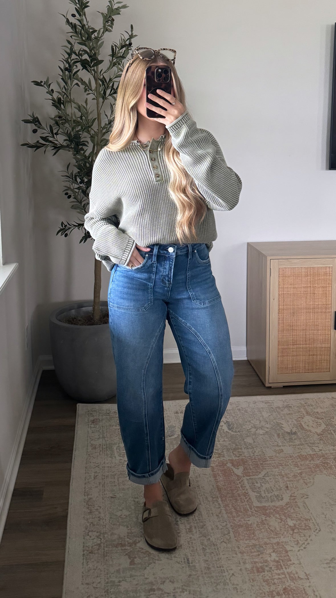 Ribbed Striped Henley Sweater / Light Green