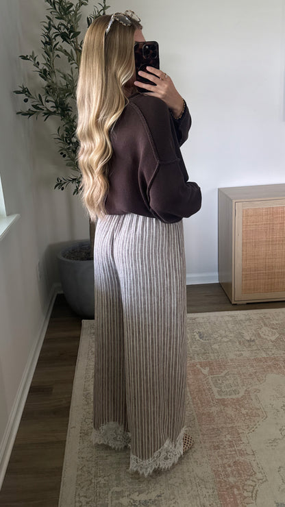 Striped Lace Trim Pants / Mocha
