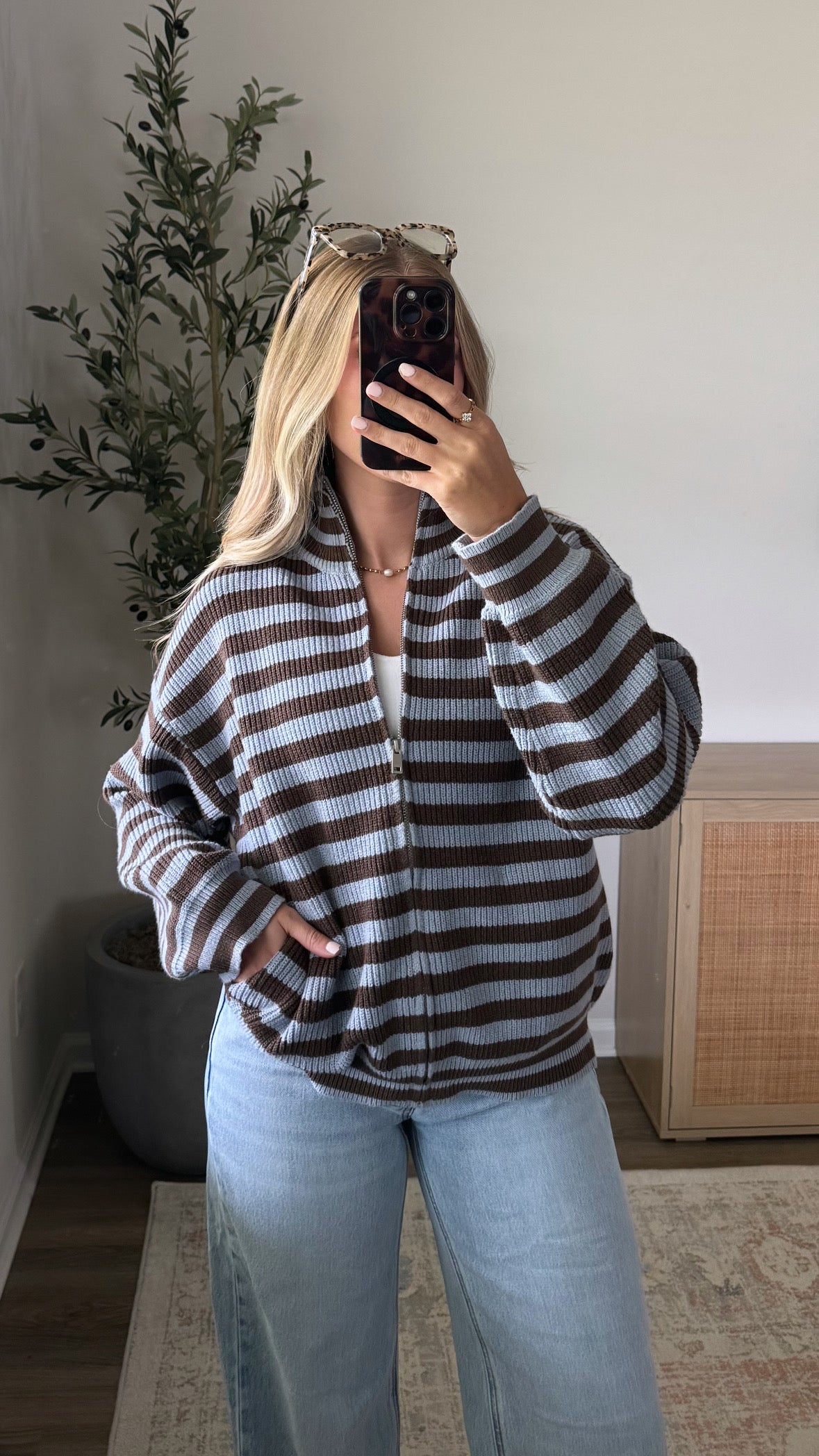 Blueberry Striped Knit Jacket / Blue + Brown