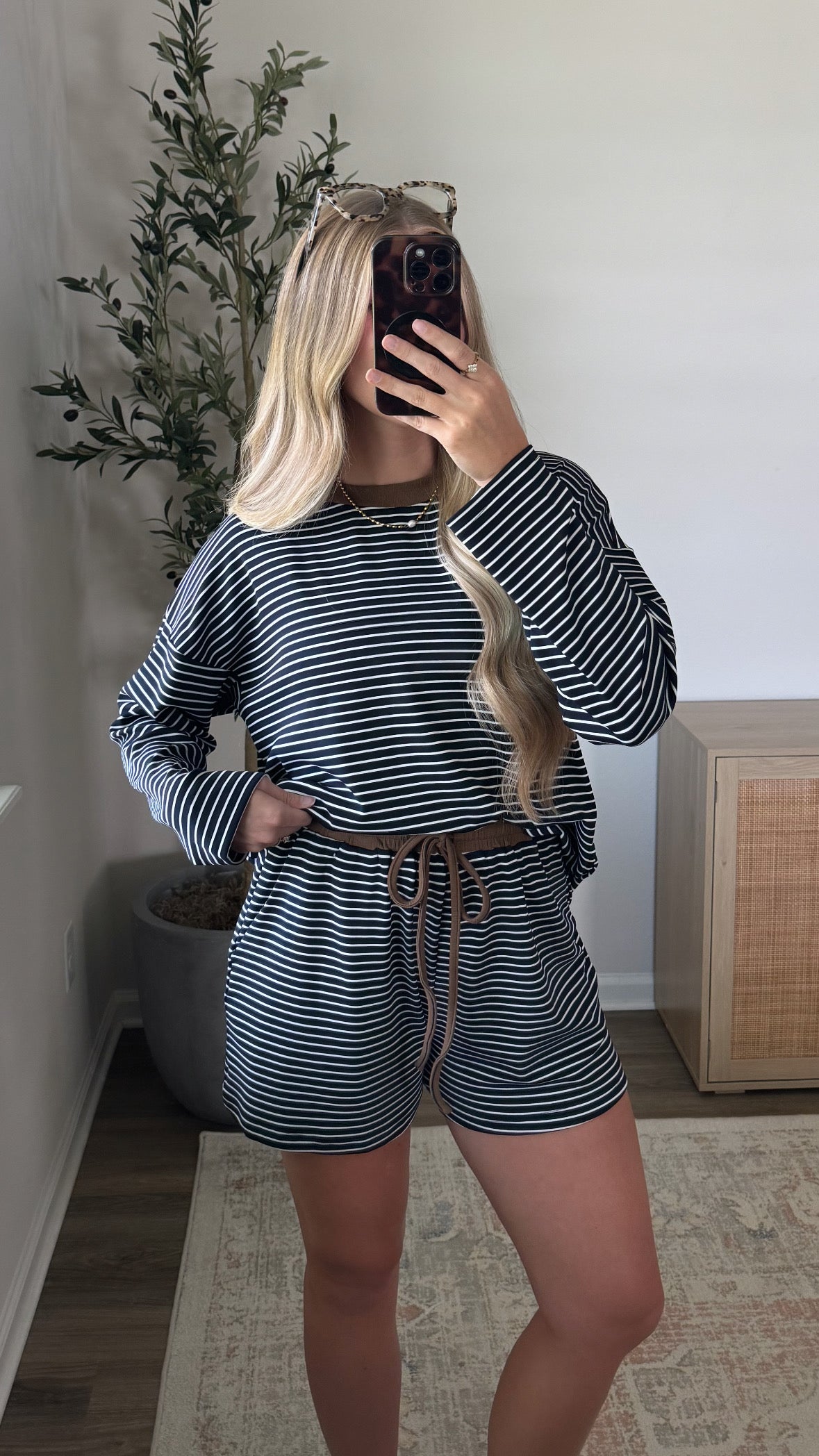 Kayla Long Sleeve Striped Shorts Set / Navy + Brown