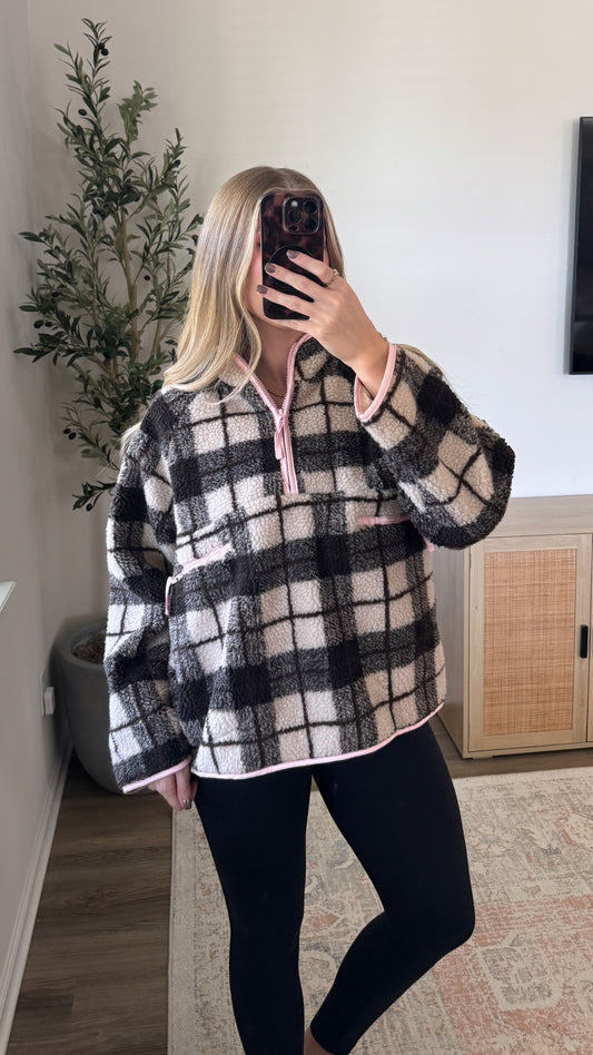 Plaid Sherpa Quarter Zip / Brown + Pink