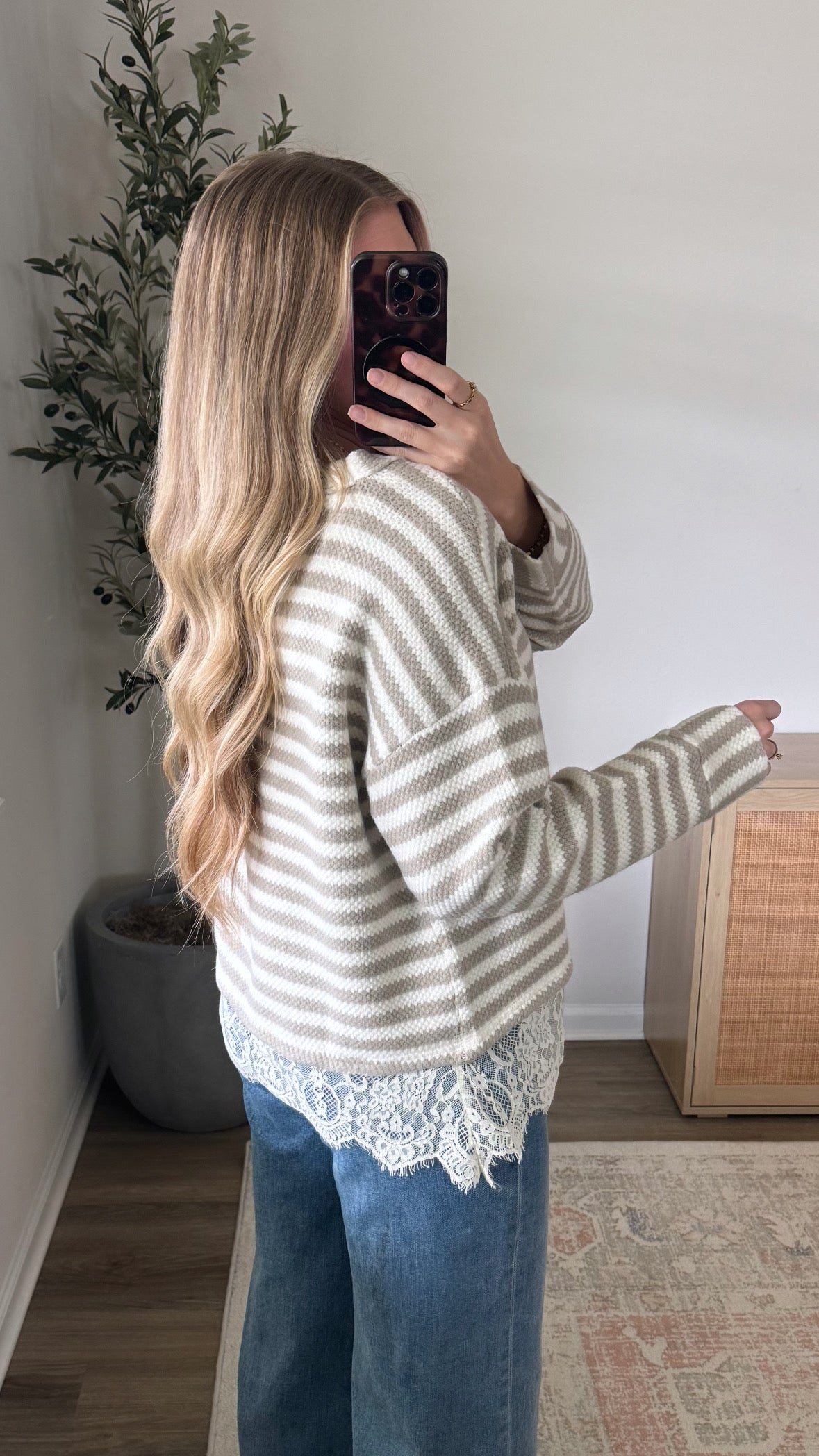 Josie Striped Lace Hem Long Sleeve / Taupe