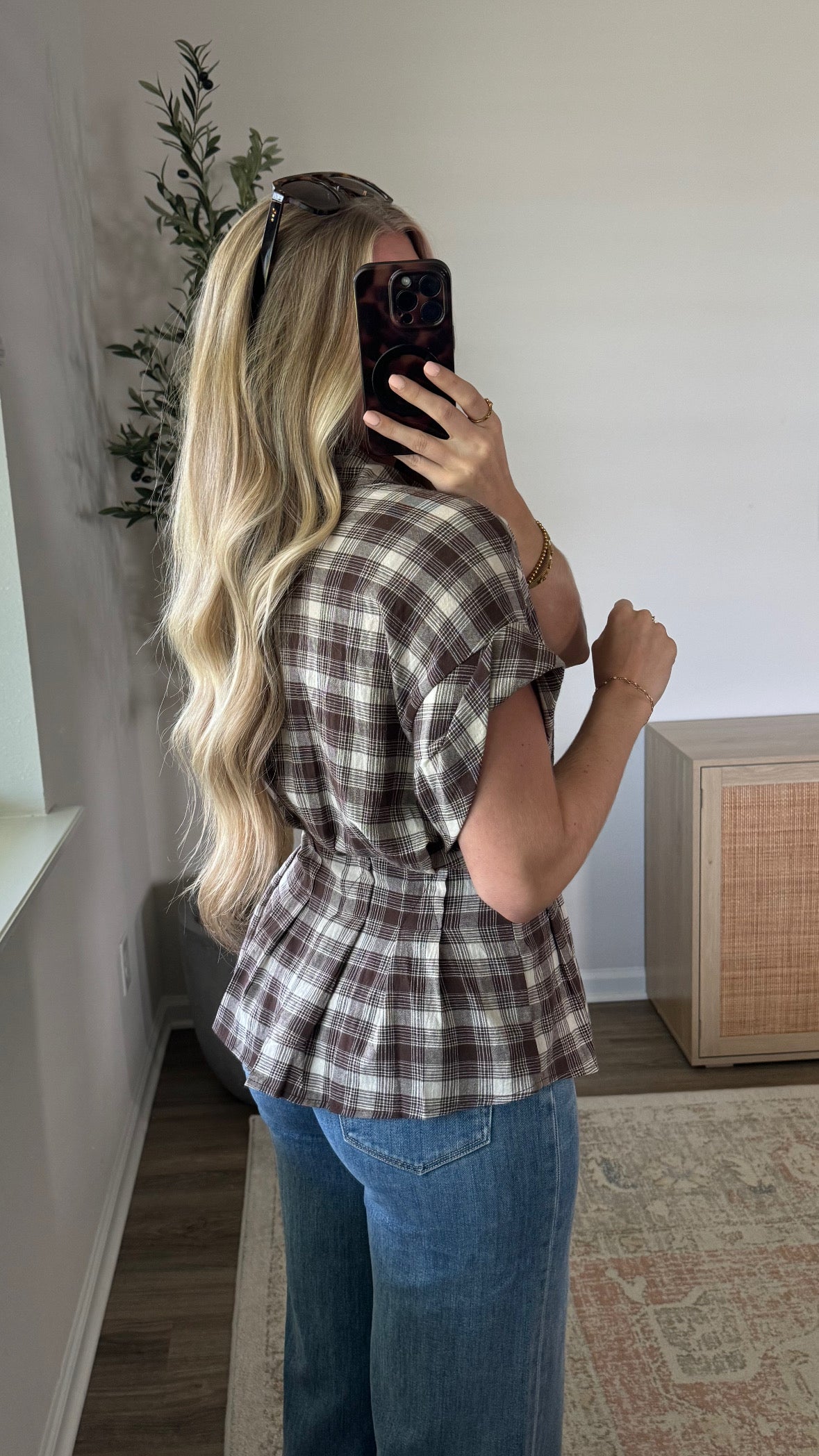 Cinched Plaid Blouse / Brown