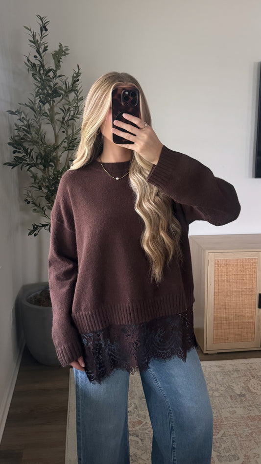 Lace Trim Sweater / Dark Brown