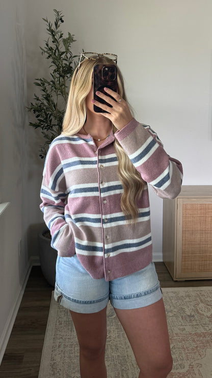 PREORDER (7/6) - Bella Striped Cardigan / Mauve