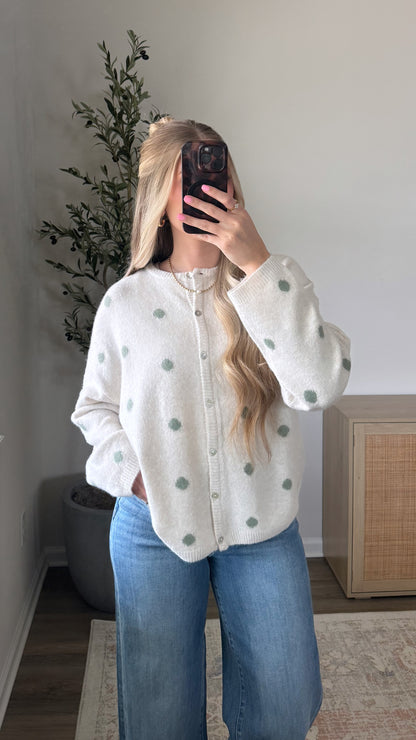 Polka Dot Cardigan / Cream + Sage