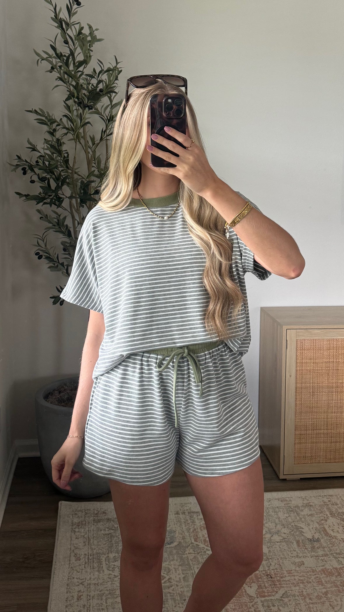 Gracie Striped Shorts Set / Grey + Green