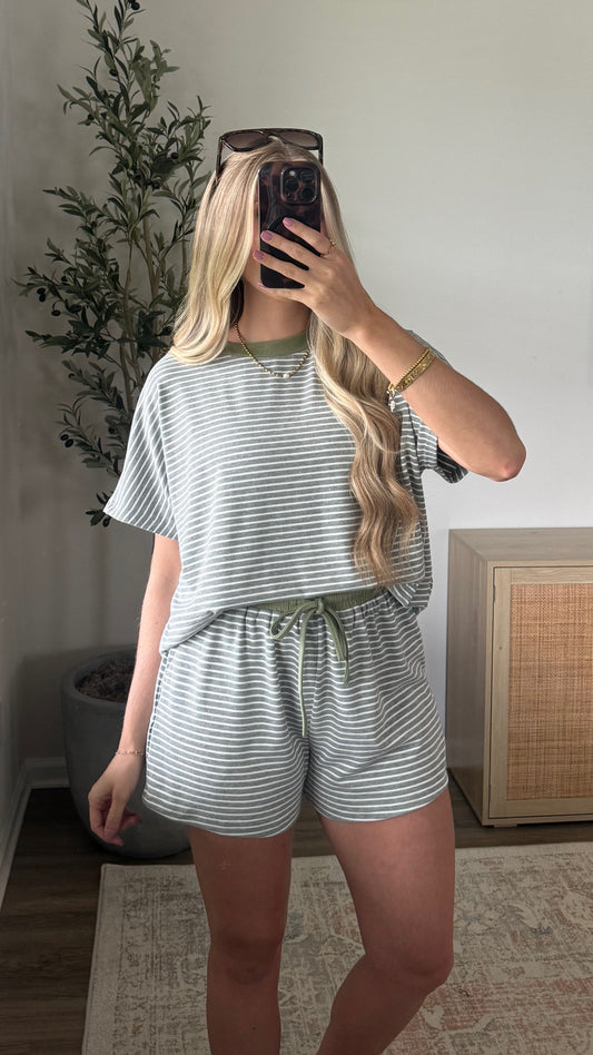 Gracie Striped Shorts Set / Grey + Green