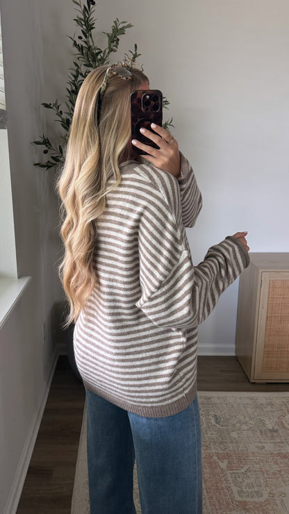 PREORDER (estimated to ship 8/14) - Chelsey Striped Henley Sweater / Taupe + Cream