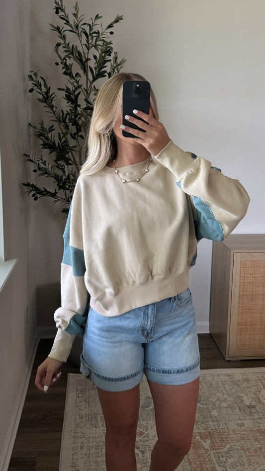 Blue + Tan Contrast Pullover