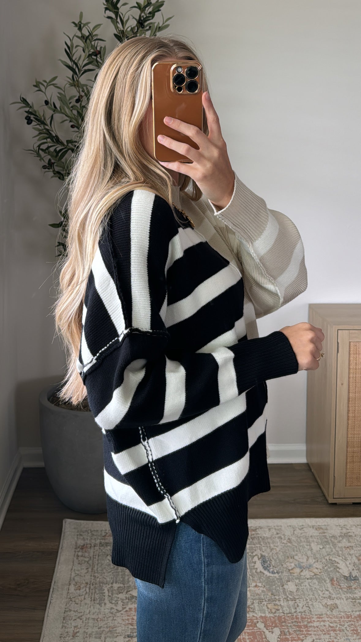 Contrast Striped Sweater / Black + Cream