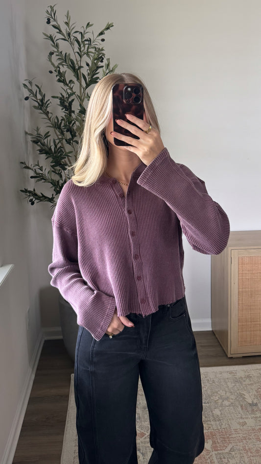 Waffle Cropped Cardigan / Dusty Plum