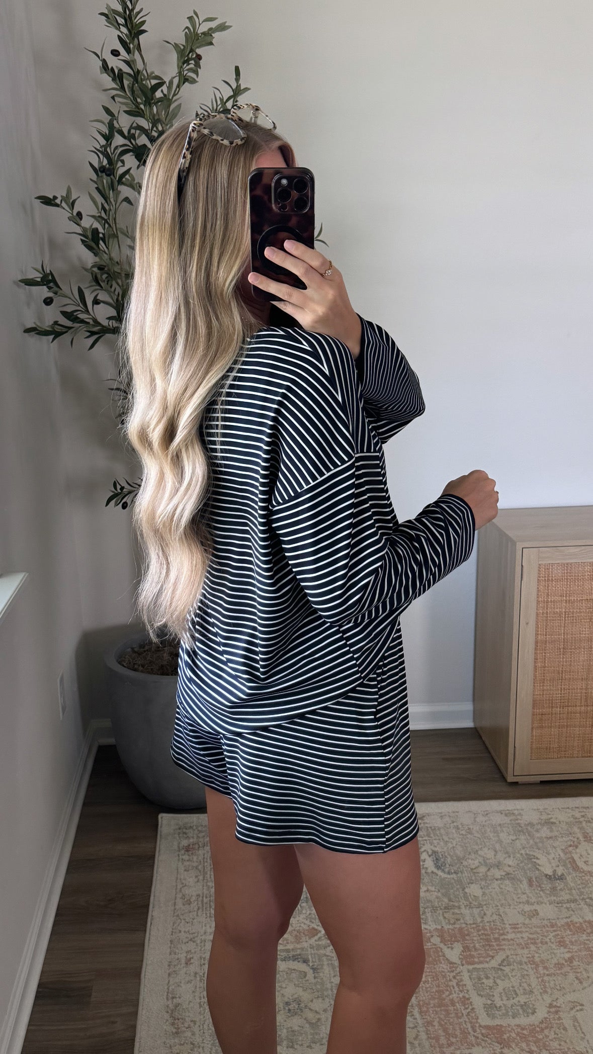 Kayla Long Sleeve Striped Shorts Set / Navy + Brown