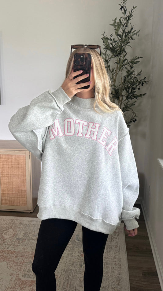 Mother Embroidered Mock Neck Sweatshirt / Grey + Pink
