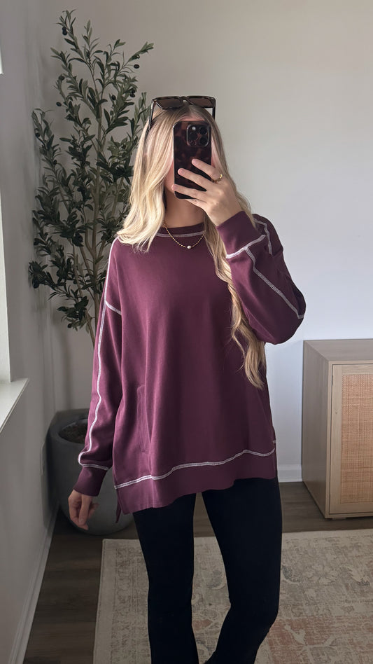 Contrast Stitched Pullover / Dark Plum
