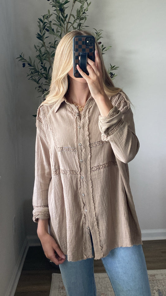 Lace Gauze Button Up / Taupe