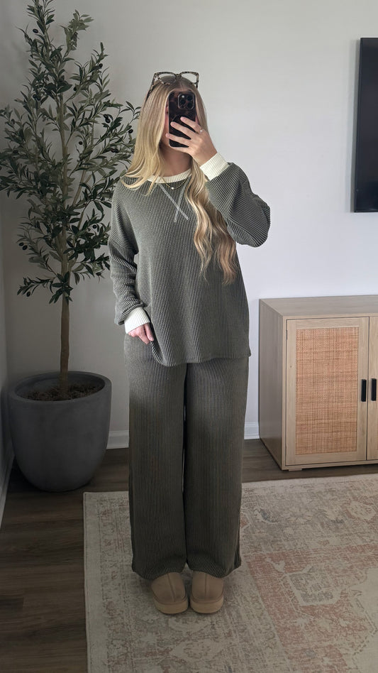 Macie Ribbed Pants Set / Olive Green