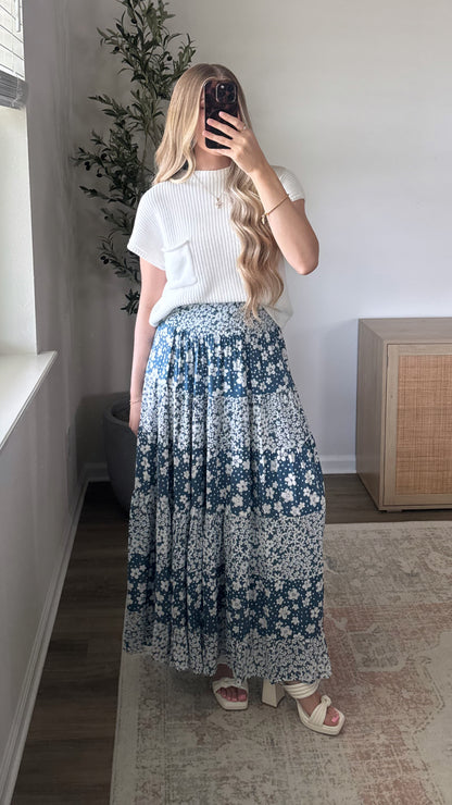Floral Maxi Skirt / Dark Blue