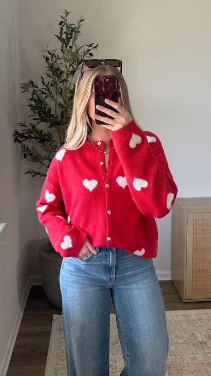Button Down Heart Cardigan / Red
