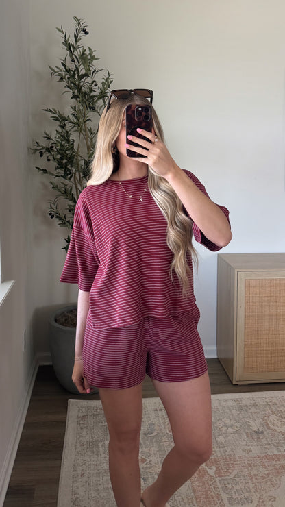 Sadie Striped Shorts Set / Dark Red