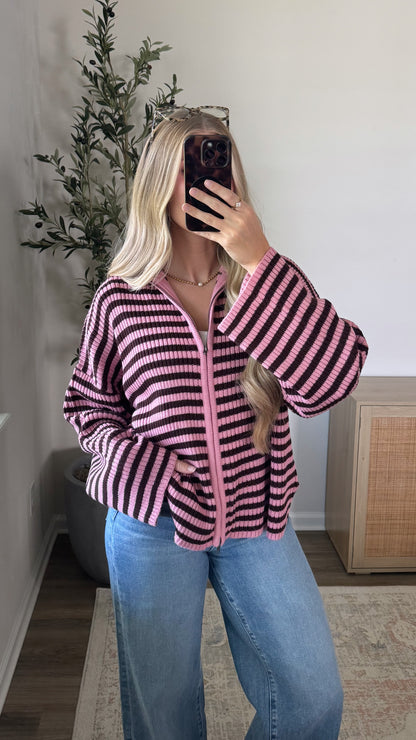 PREORDER (estimated to ship 8/28) - Hannah Striped Zip-Up / Pink + Brown