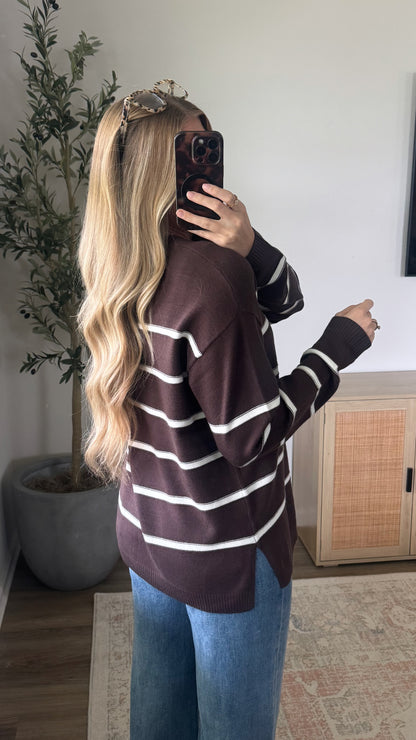 Julia Crewneck Striped Sweater / Dark Brown