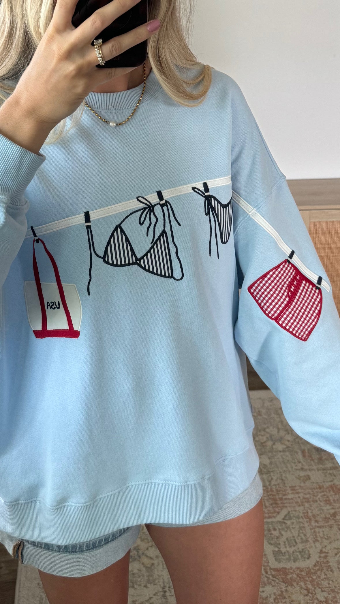 USA Bikini Embroidered Pullover / Light Blue