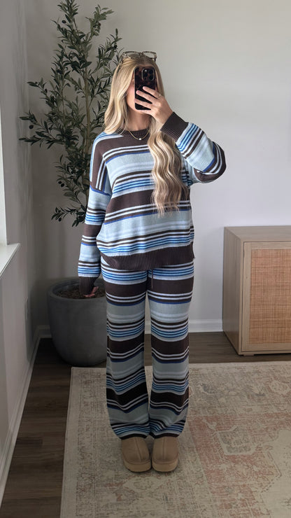 Blueberry Knit Striped Set / Blue + Brown