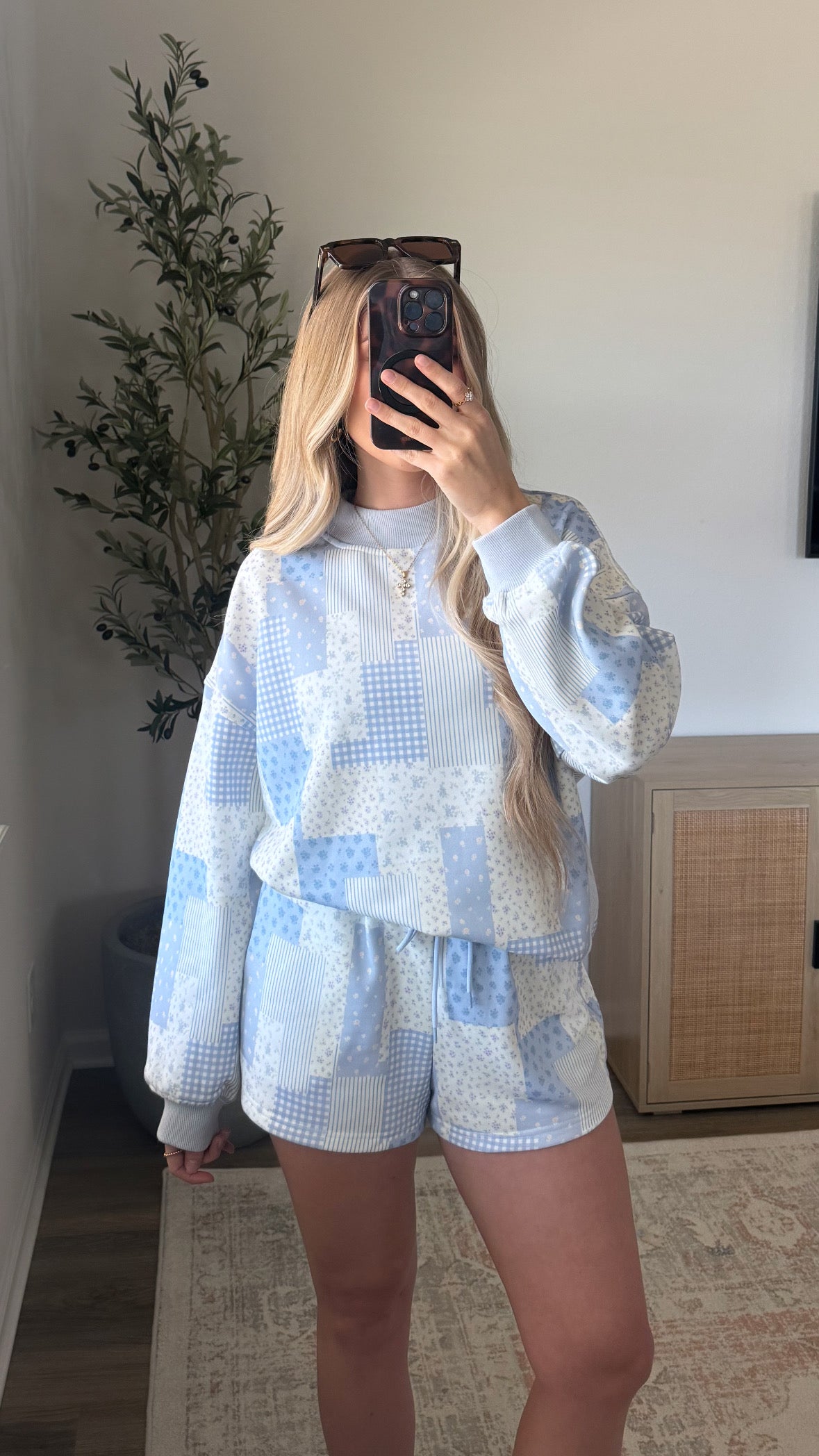 Patchwork Mock Neck Set / Blue