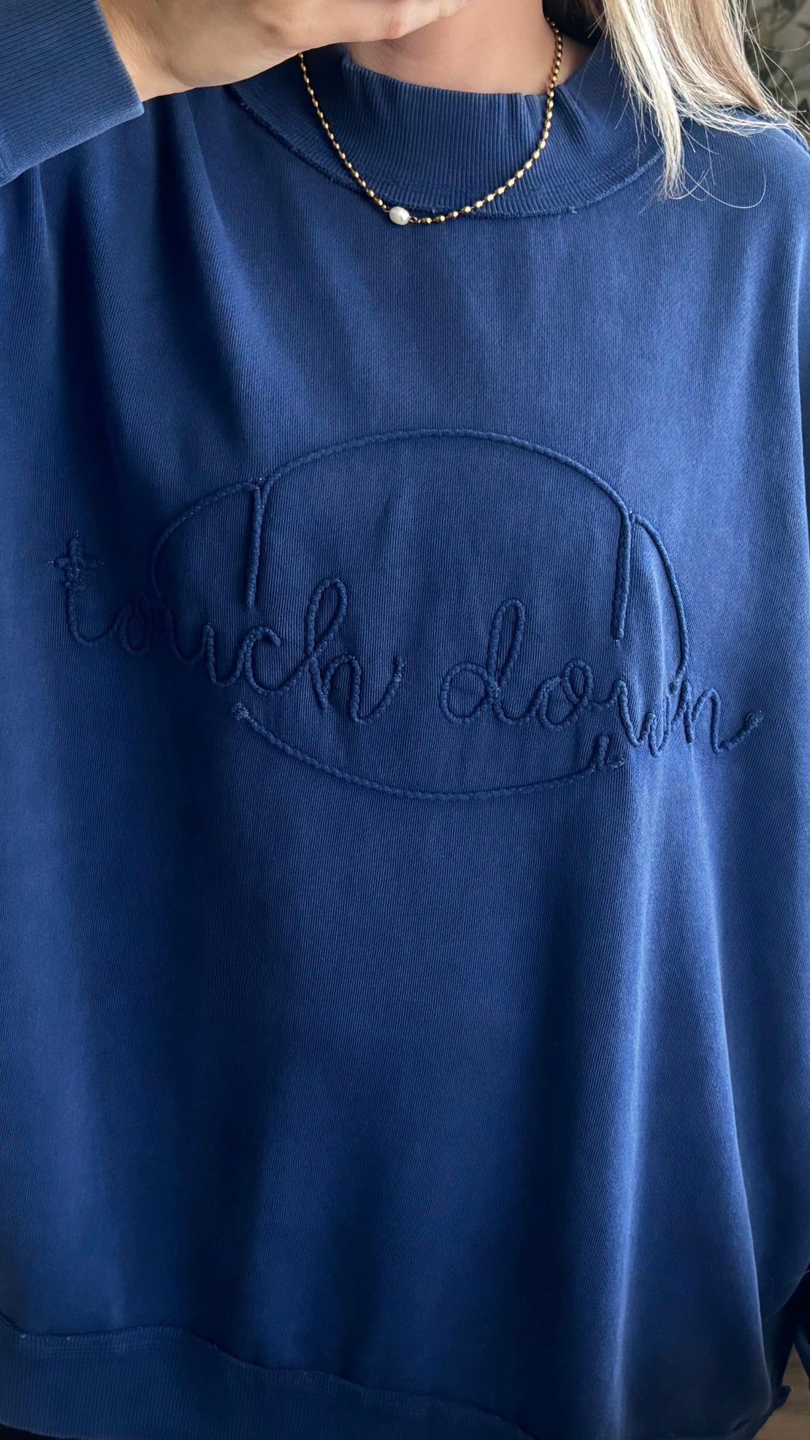 Touch Down Embroidered Mock Neck / Navy Blue
