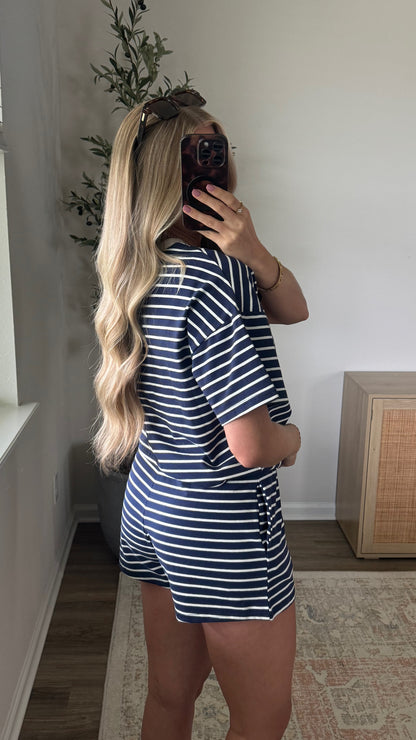 Lainey Striped Shorts Set / Navy Blue