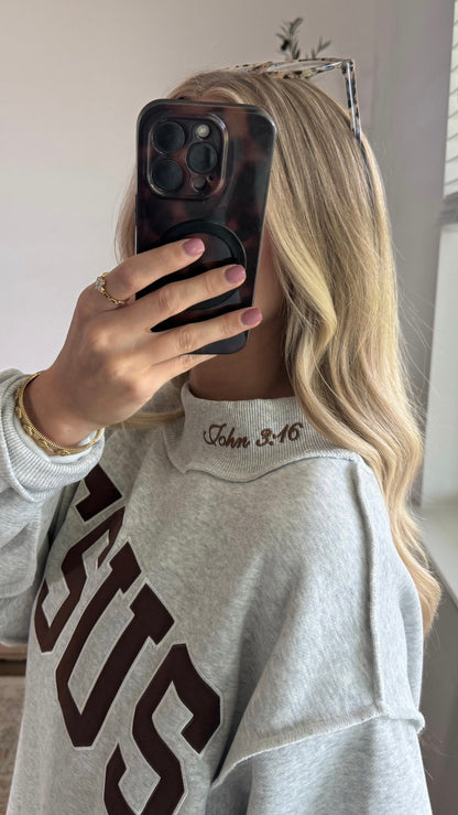 Jesus Embroidered Mock Neck Sweatshirt / Brown