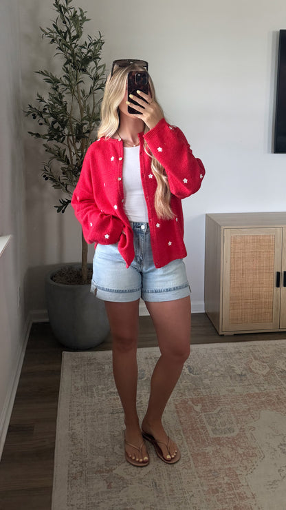 Embroidered Star Cardigan / Red