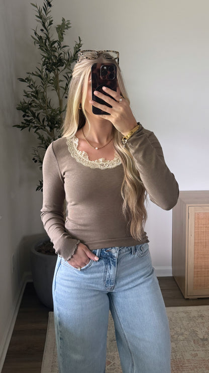 Long Sleeve Lace Top / Dusty Olive