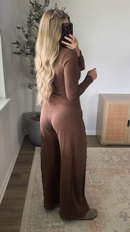 Henley Wide Leg Pants Set / Light Brown