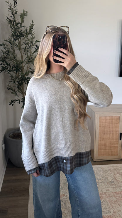 Flannel Layered Sweater / Heather Taupe