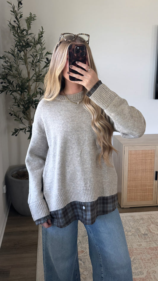 Flannel Layered Sweater / Heather Taupe