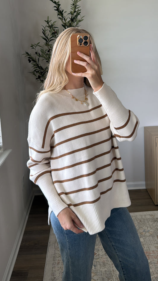 Cream + Brown Striped Sweater