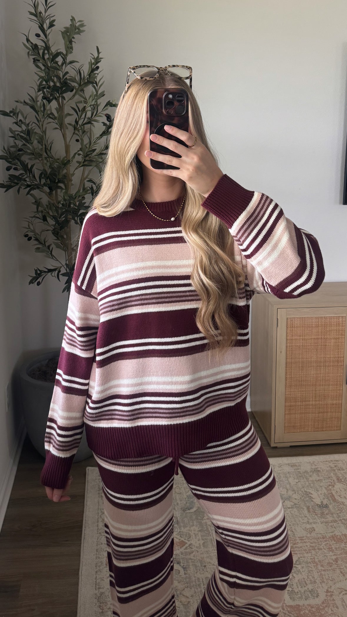 Raspberry Knit Striped Set / Burgundy + Pink